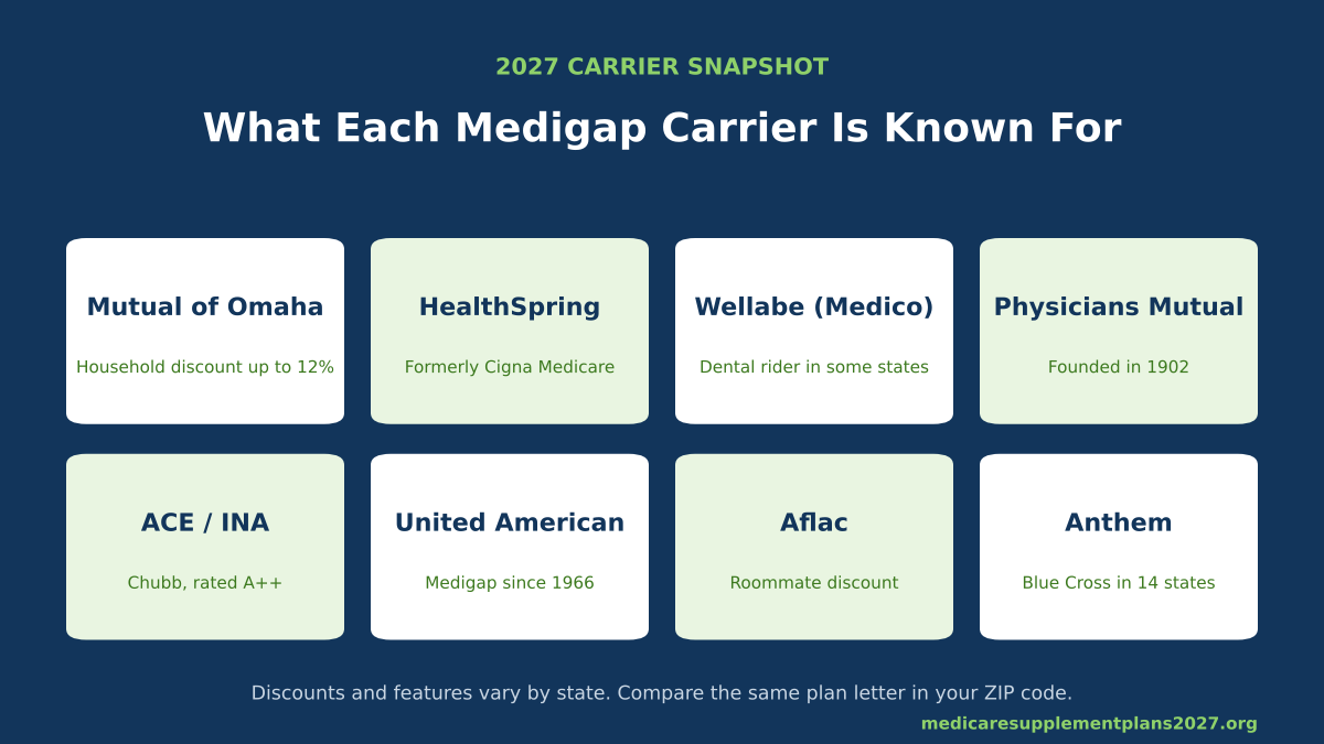 2027 Medigap carrier snapshot: Mutual of Omaha, HealthSpring, Wellabe, Physicians Mutual, ACE, United American, Aflac and Anthem